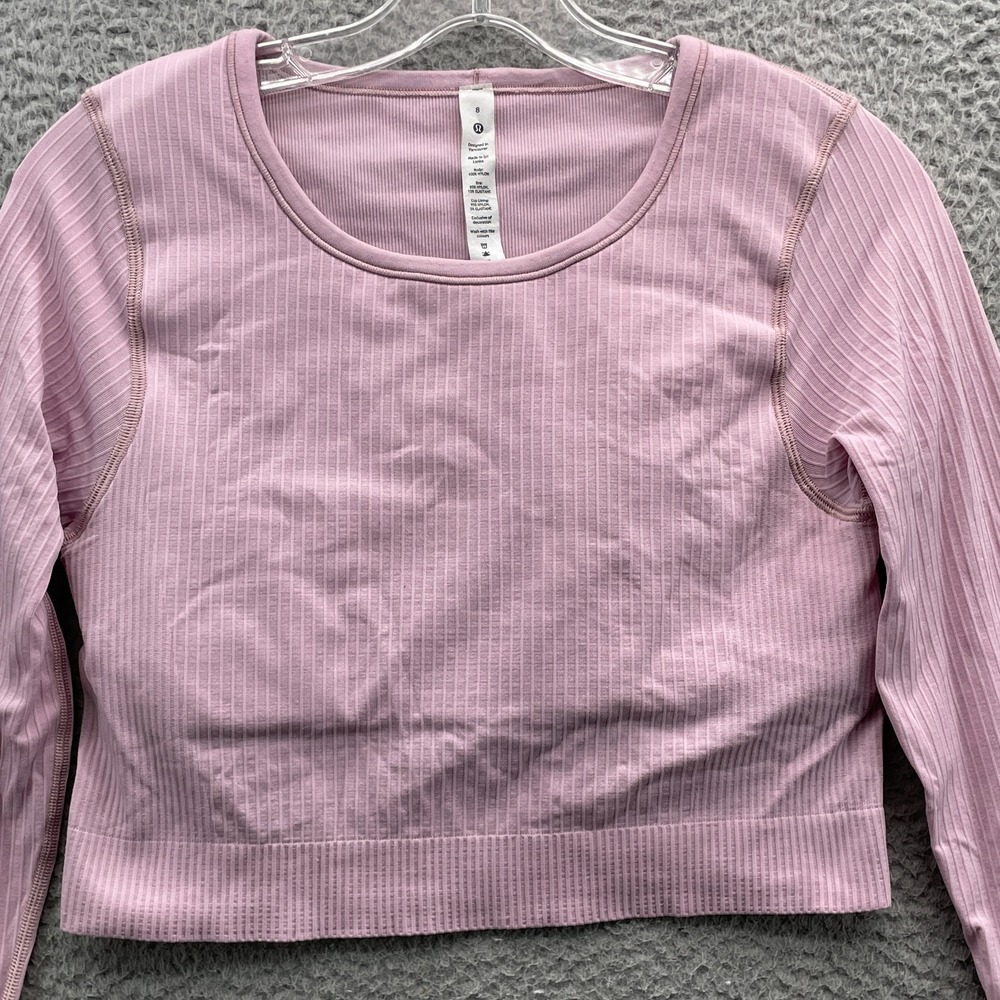 Lululemon Crop Top Women 8 Pink Built in Bra Ribbed Athletic Lined Workout Gorp - Picture 3 of 12